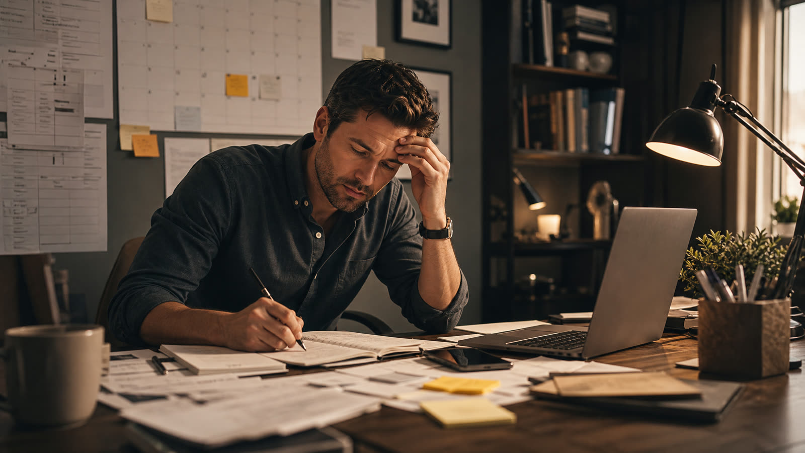 A business owner surrounded by unfinished work at the end of the day